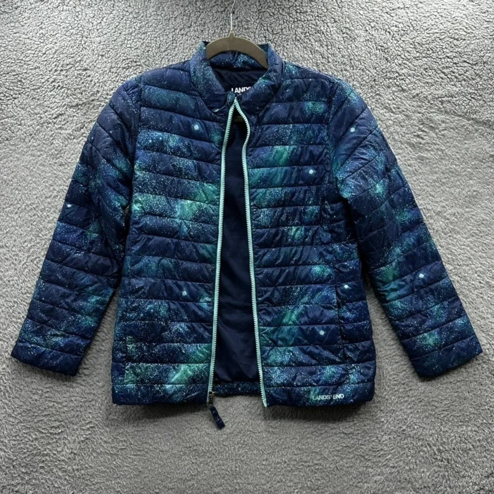 Lands End Kids Large (10-12) Galaxy Print Puffer Jacket Blue Teal Star Full Zip